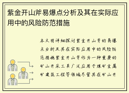 紫金开山斧易爆点分析及其在实际应用中的风险防范措施